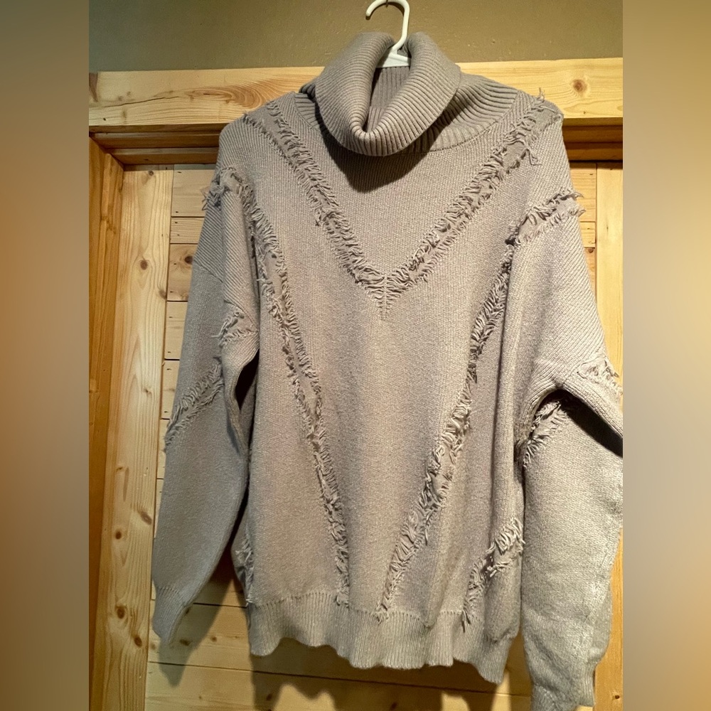 Taupe fringe Open back Women’s Turtleneck Sweater - Size L - fits big!